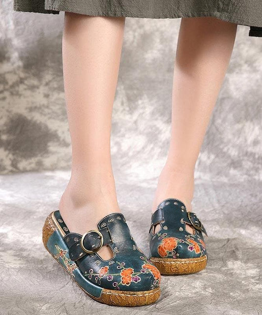 Unique Embossed Platform Slippers Shoes Blue Cowhide Leather - Slide Sandals - DINIBLO 