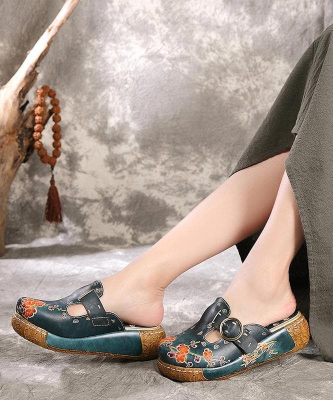 Unique Embossed Platform Slippers Shoes Blue Cowhide Leather - Slide Sandals - DINIBLO 