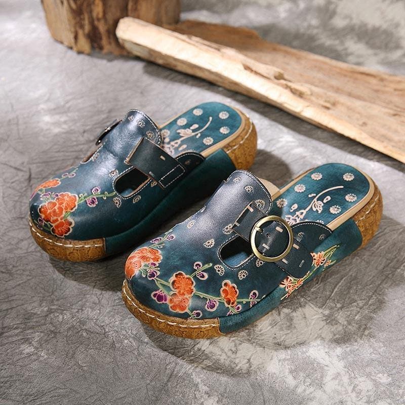 Unique Embossed Platform Slippers Shoes Blue Cowhide Leather - Slide Sandals - DINIBLO 