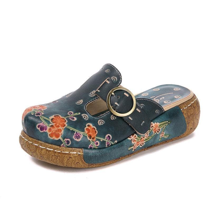 Unique Embossed Platform Slippers Shoes Blue Cowhide Leather - Slide Sandals - DINIBLO 