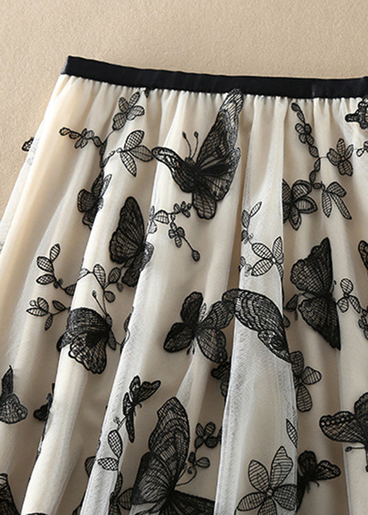 Vintage Beige Embroideried butterfly Tulle Skirts Spring - Skirts - DINIBLO 