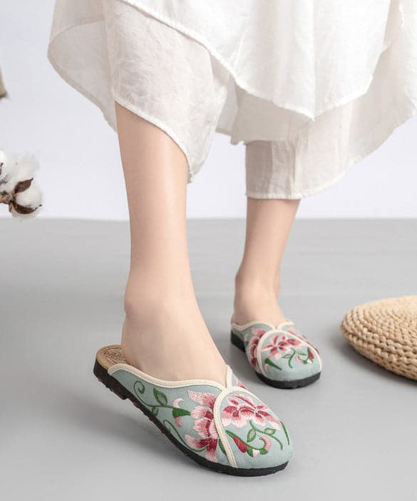 Vintage Green Linen Fabric Embroideried Comfy Slide Sandals - Slide Sandals - DINIBLO 