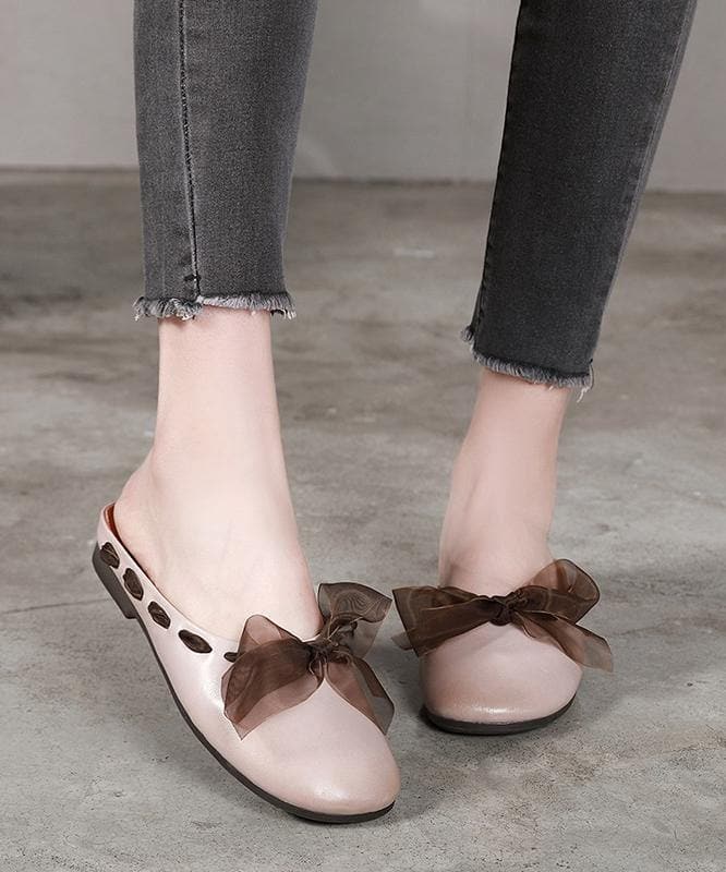 Vintage Lace Up Flat Shoes Brown Cowhide Leather Slippers - Slide Sandals - DINIBLO 