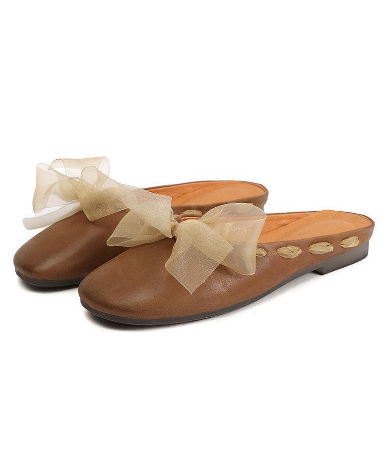 Vintage Lace Up Flat Shoes Brown Cowhide Leather Slippers - Slide Sandals - DINIBLO 