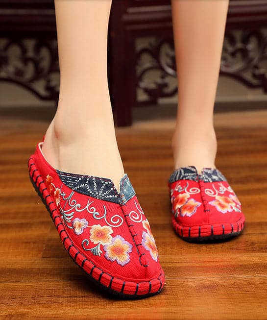 Vintage Red Slide Sandals Embroideried Cotton Fabric Splicing Slides - Slide Sandals - DINIBLO 