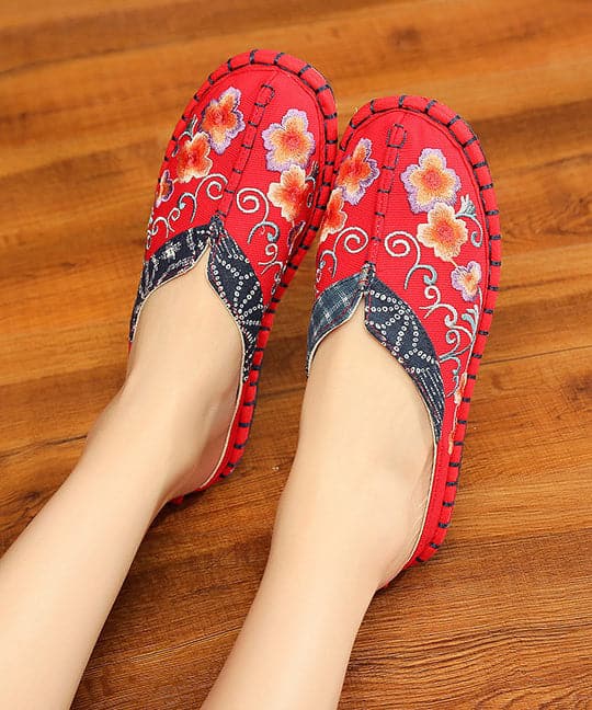 Vintage Red Slide Sandals Embroideried Cotton Fabric Splicing Slides - Slide Sandals - DINIBLO 