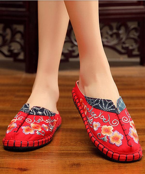 Vintage Red Slide Sandals Embroideried Cotton Fabric Splicing Slides - Slide Sandals - DINIBLO 