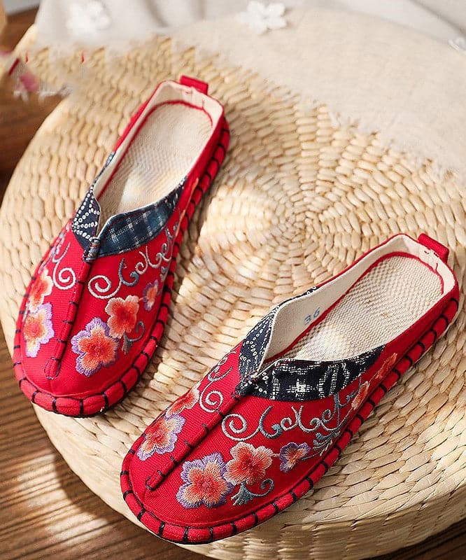 Vintage Red Slide Sandals Embroideried Cotton Fabric Splicing Slides - Slide Sandals - DINIBLO 