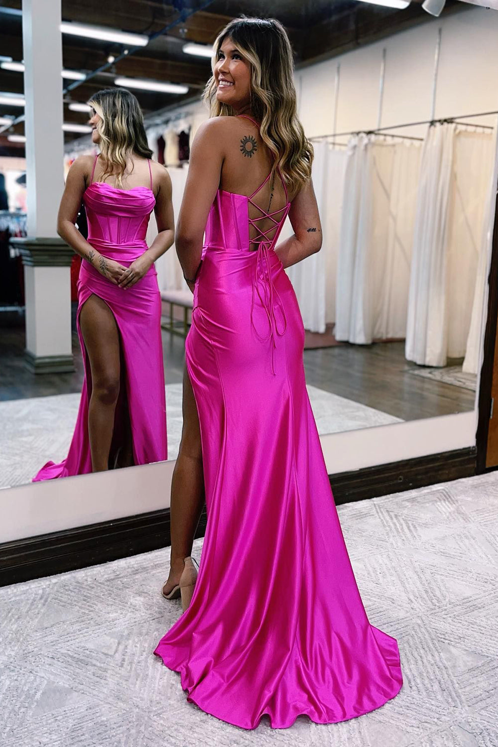 Hot Pink Spaghetti Straps Satin Mermaid Prom Dress with Slit - Prom Dress - DINIBLO 