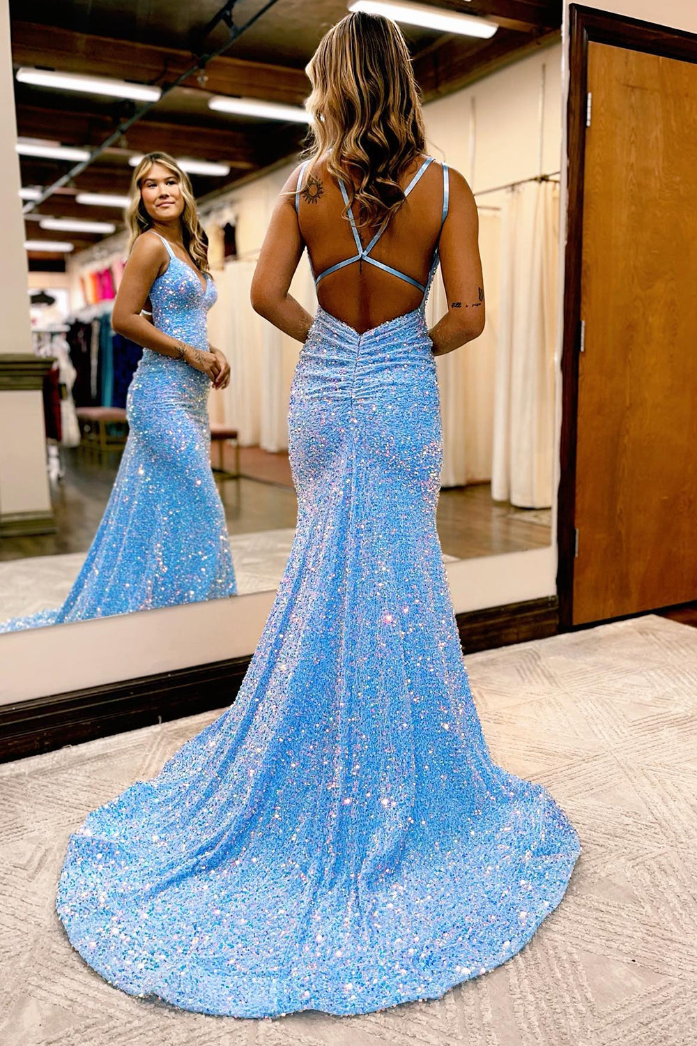 Maddison |Sparkly Blue Mermaid Sequins Long Backless Prom Dress - Prom Dress - DINIBLO 