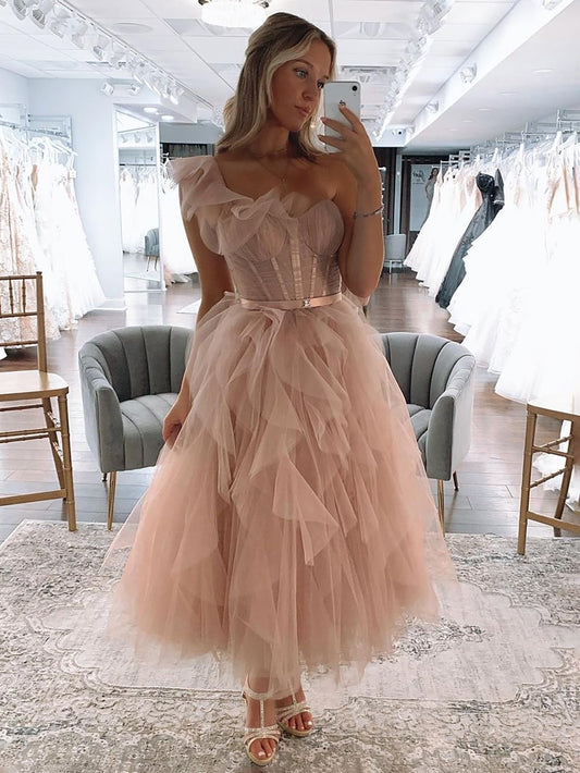 Addie | One Shoulder Blush Tulle A Line Long Prom Dress - Prom Dress - DINIBLO 