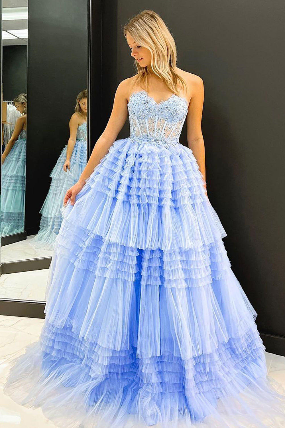 Gracie | A Line Sweetheart Tulle Long Prom Dress with Ruffles - Prom Dress - DINIBLO 