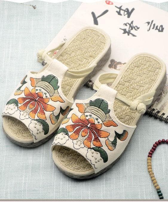 White Embroideried Cotton Flip Flops - Slide Sandals - DINIBLO 