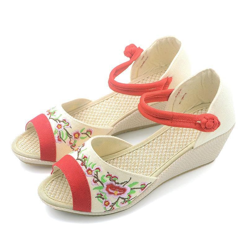 White Embroideried Sandals SplicingBuckle Strap Wedge Sandals - Sandals - DINIBLO 