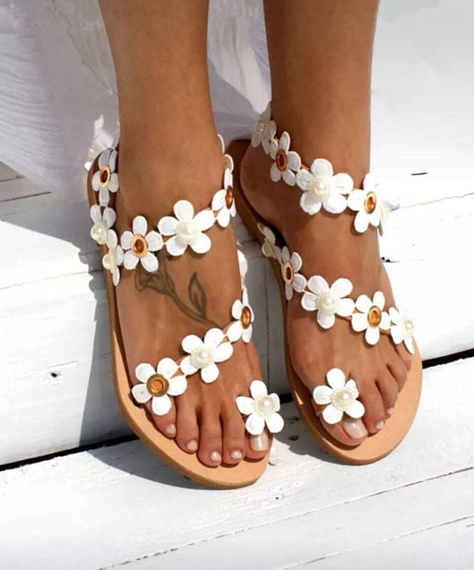 White Flower Faux Leather Sandals Cross Strap Sandals For Women - Sandals - DINIBLO 