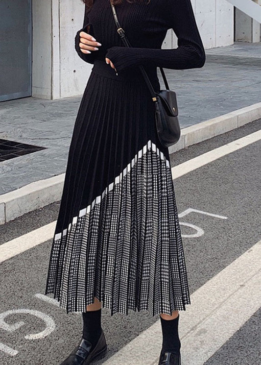 Women Black Patchwork Plaid Knit Skirts Winter - Skirts - DINIBLO 