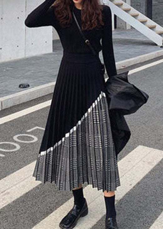 Women Black Patchwork Plaid Knit Skirts Winter - Skirts - DINIBLO 