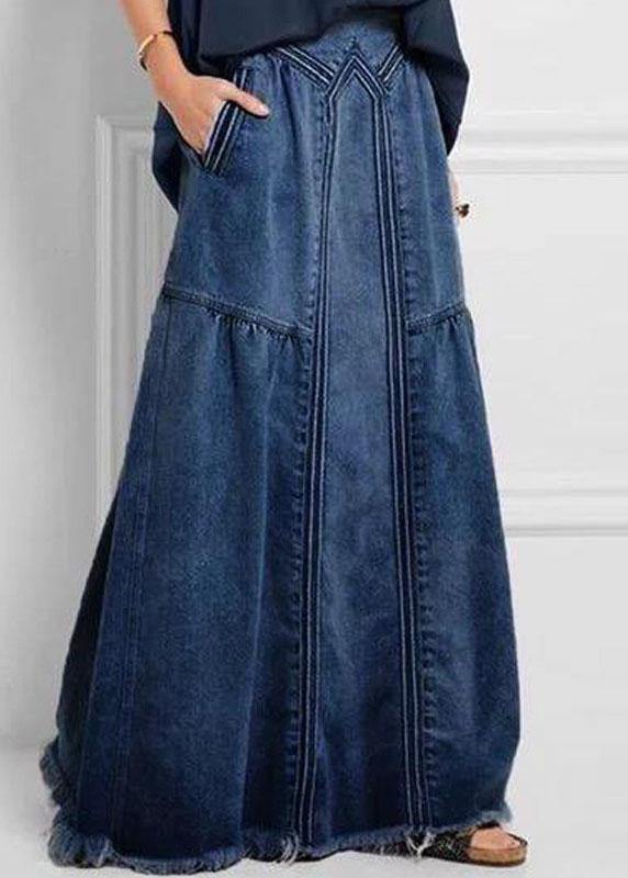 Women Distressed Solid Color Elastic Waist Loose Denim Skirt With Pocket - Skirts - DINIBLO 