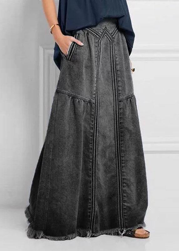 Women Distressed Solid Color Elastic Waist Loose Denim Skirt With Pocket - Skirts - DINIBLO 