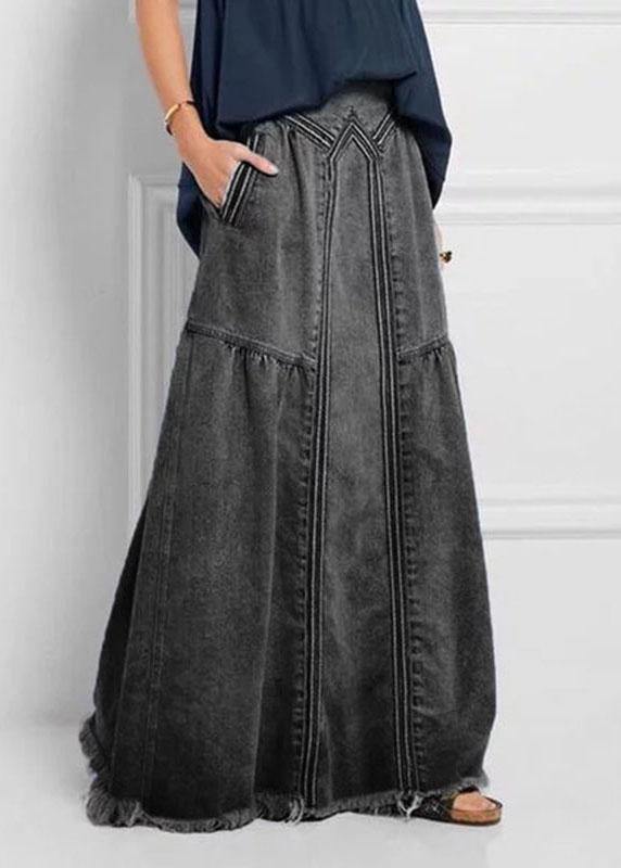 Women Distressed Solid Color Elastic Waist Loose Denim Skirt With Pocket - Skirts - DINIBLO 