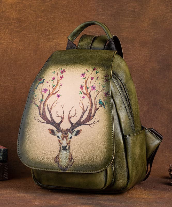 Women Green Print Paitings Calf Leather Backpack Bag - Backpack Bag - DINIBLO 