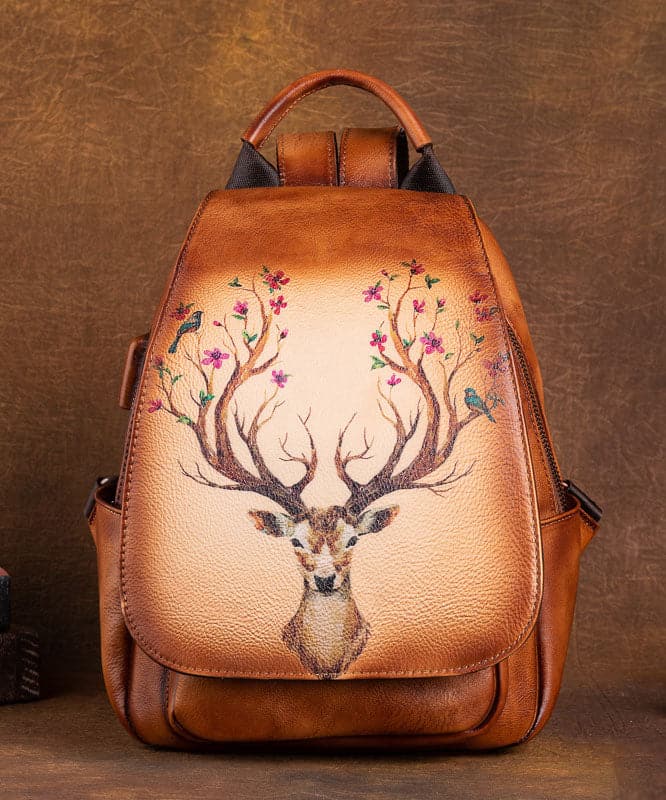 Women Green Print Paitings Calf Leather Backpack Bag - Backpack Bag - DINIBLO 