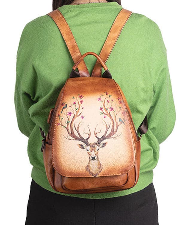 Women Green Print Paitings Calf Leather Backpack Bag - Backpack Bag - DINIBLO 