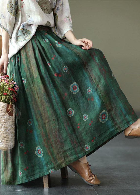 Women Green Print Ramie Elastic Waist Skirt - Skirts - DINIBLO 