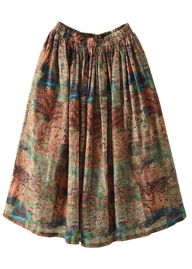 Women Green Print Ramie Elastic Waist Skirt - Skirts - DINIBLO 