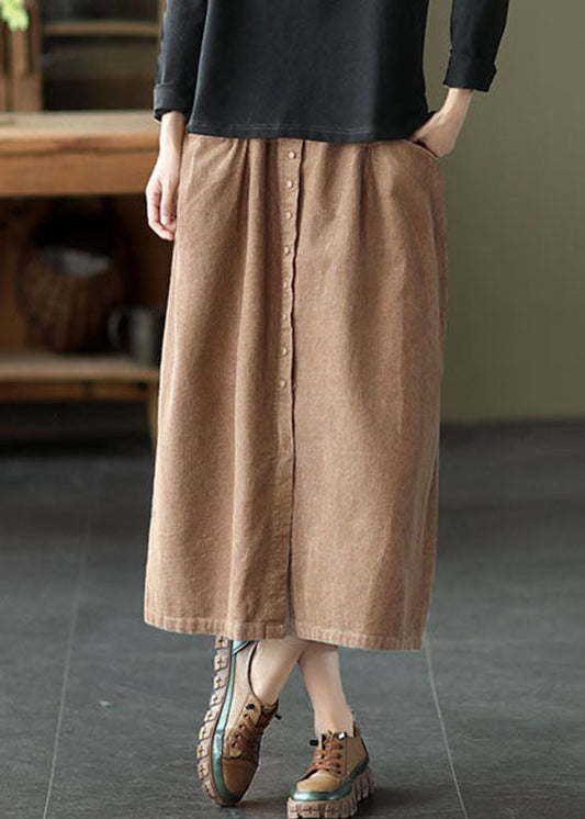 Women Khaki elastic waist button Pockets Corduroy Skirts Spring - Skirts - DINIBLO 