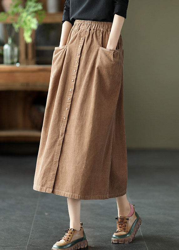 Women Khaki elastic waist button Pockets Corduroy Skirts Spring - Skirts - DINIBLO 