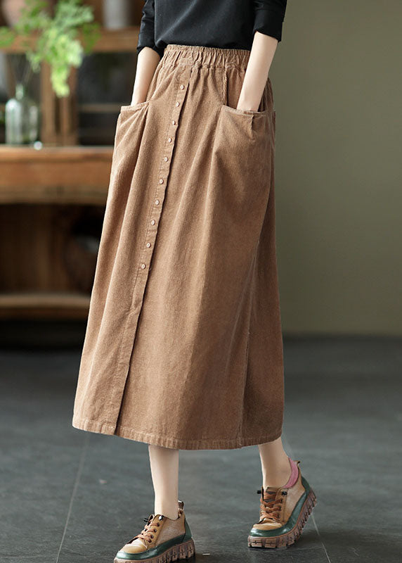 Women Khaki elastic waist button Pockets Corduroy Skirts Spring - Skirts - DINIBLO 