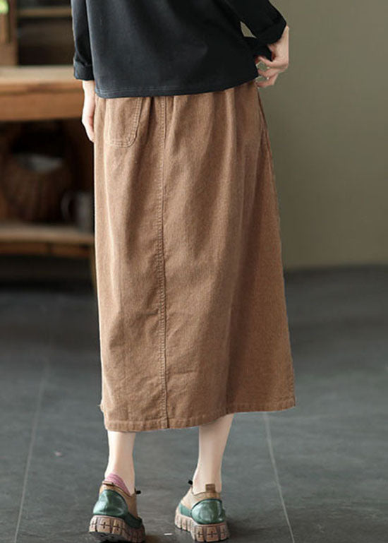 Women Khaki elastic waist button Pockets Corduroy Skirts Spring - Skirts - DINIBLO 