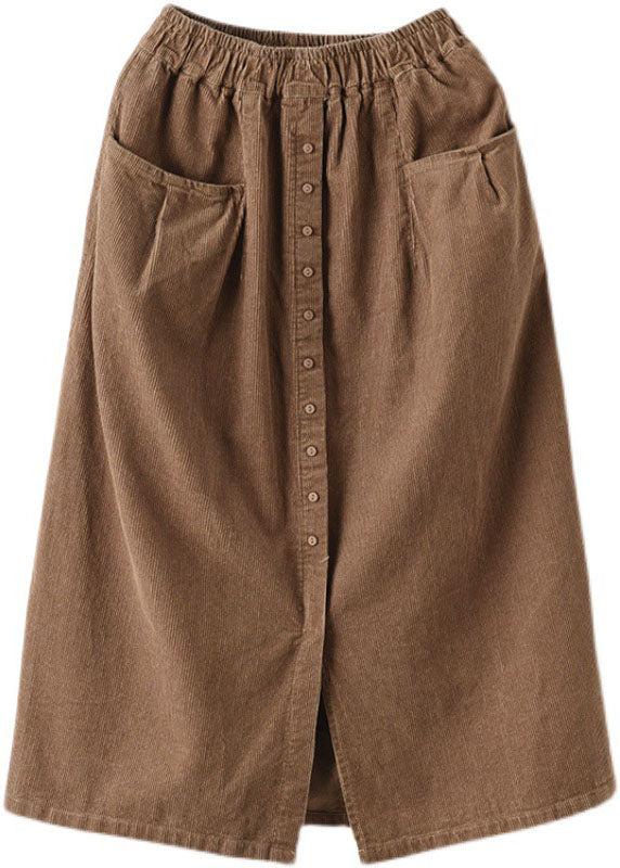 Women Khaki elastic waist button Pockets Corduroy Skirts Spring - Skirts - DINIBLO 