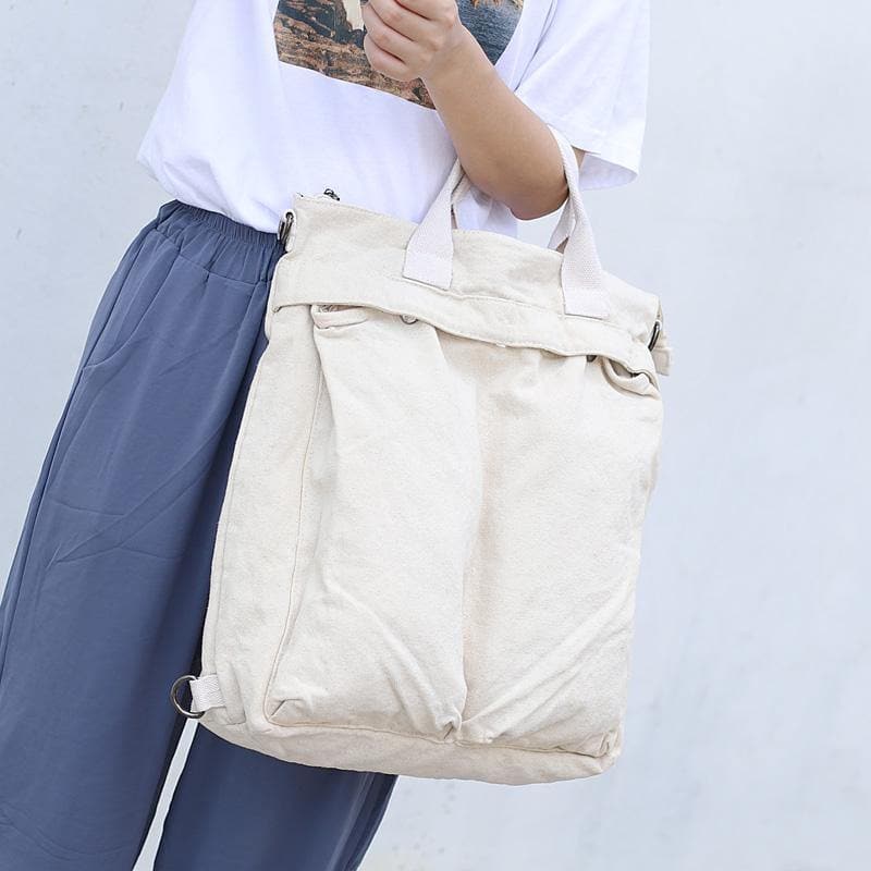 Women Korea beige Canvas Square Backpack -  - DINIBLO 