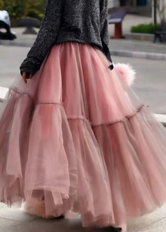 Women Pink Ruffled Tulle Cinched Circle Fall Skirt - Skirts - DINIBLO 