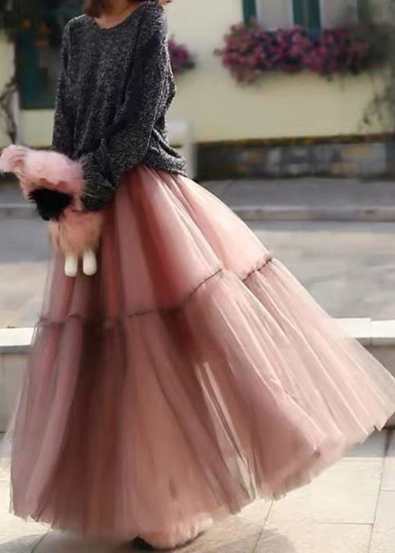 Women Pink Ruffled Tulle Cinched Circle Fall Skirt - Skirts - DINIBLO 