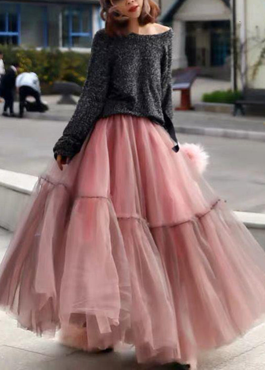 Women Pink Ruffled Tulle Cinched Circle Fall Skirt - Skirts - DINIBLO 