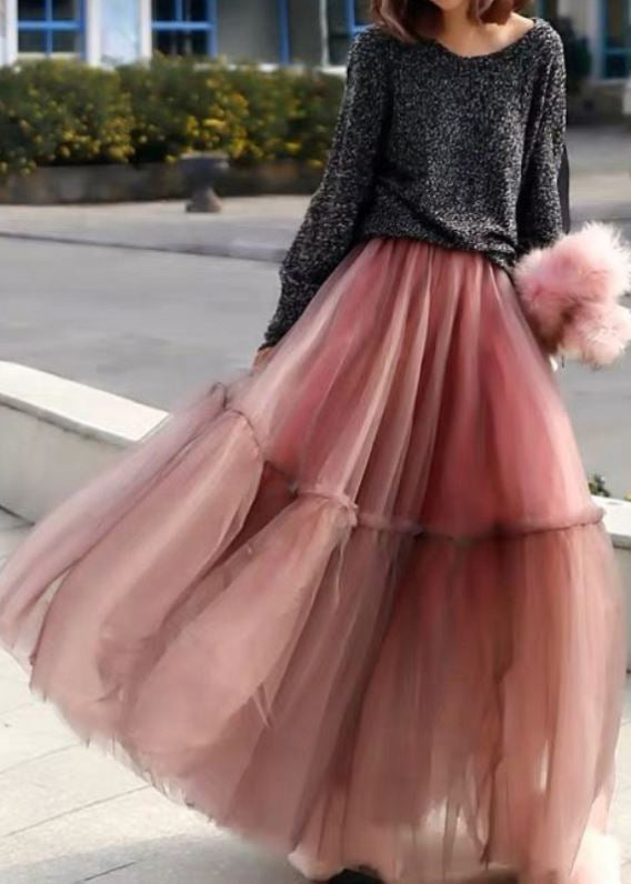 Women Pink Ruffled Tulle Cinched Circle Fall Skirt - Skirts - DINIBLO 