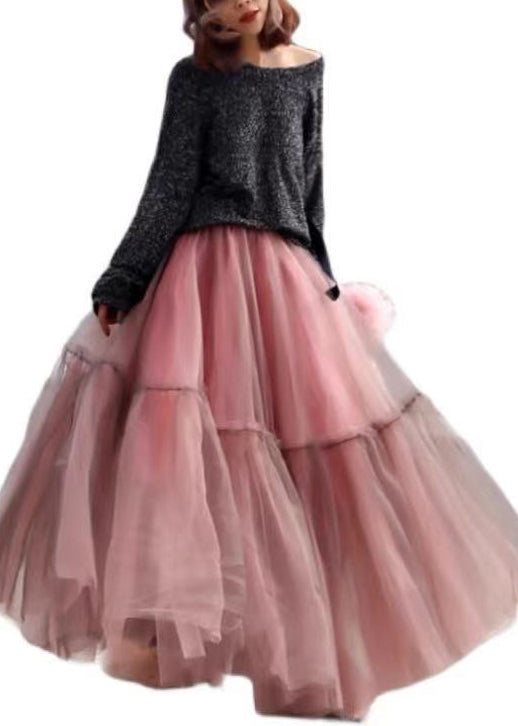 Women Pink Ruffled Tulle Cinched Circle Fall Skirt - Skirts - DINIBLO 