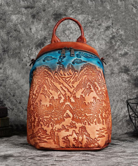 Women Red Brown Embossing Paitings Calf Leather Backpack Bag - Backpack Bag - DINIBLO 