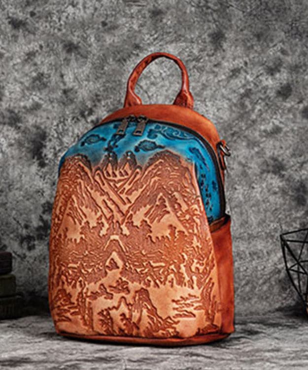 Women Red Brown Embossing Paitings Calf Leather Backpack Bag - Backpack Bag - DINIBLO 