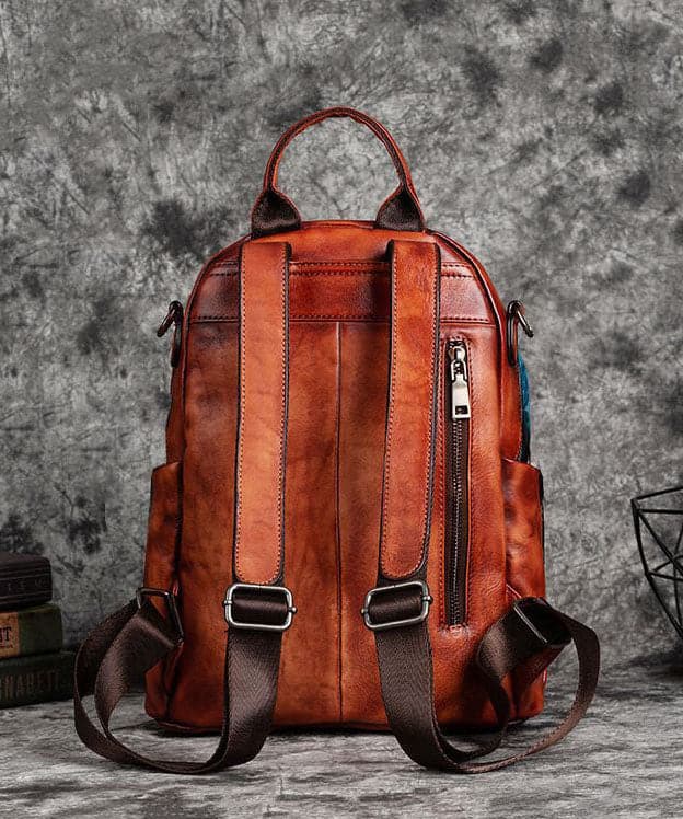 Women Red Brown Embossing Paitings Calf Leather Backpack Bag - Backpack Bag - DINIBLO 