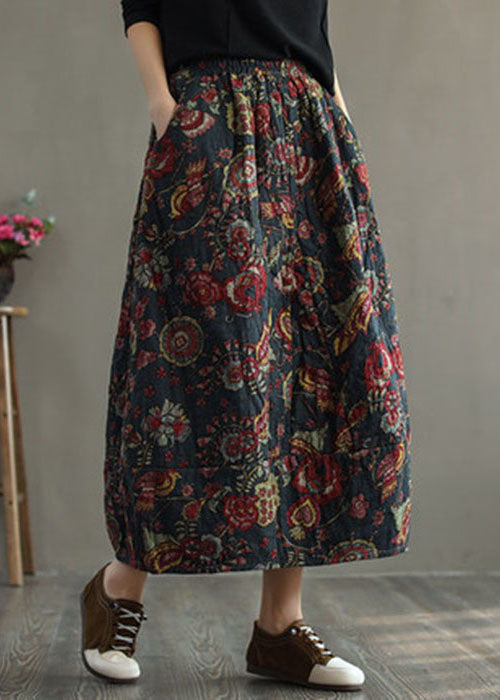 Women Red Elastic Waist Patchwork Print Fine Cotton Filled Skirt Winter - Skirts - DINIBLO 