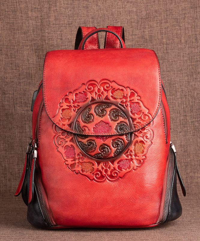 Women Red Embossing Paitings Calf Leather Backpack Bag - Backpack Bag - DINIBLO 