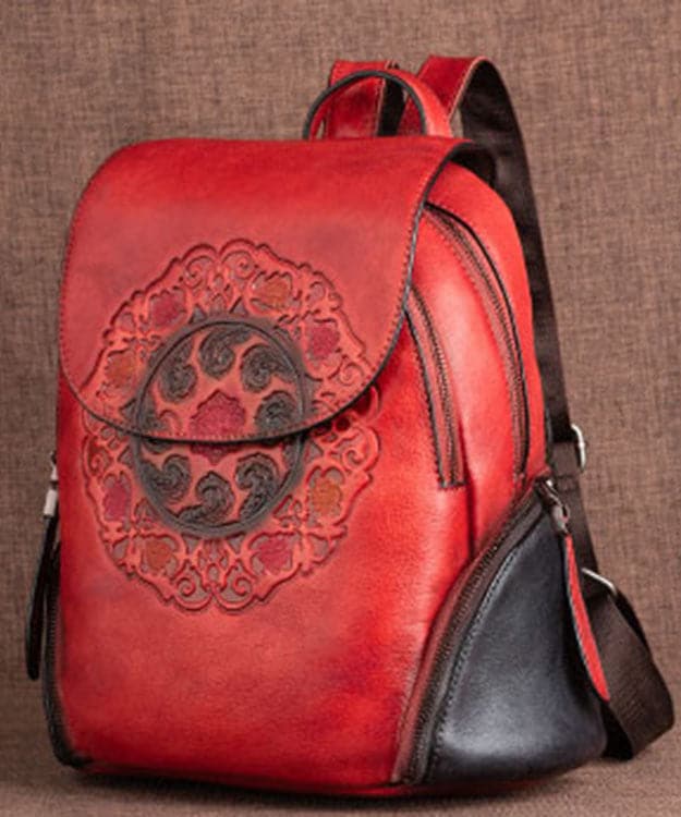 Women Red Embossing Paitings Calf Leather Backpack Bag - Backpack Bag - DINIBLO 