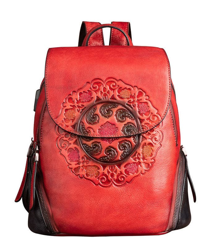 Women Red Embossing Paitings Calf Leather Backpack Bag - Backpack Bag - DINIBLO 