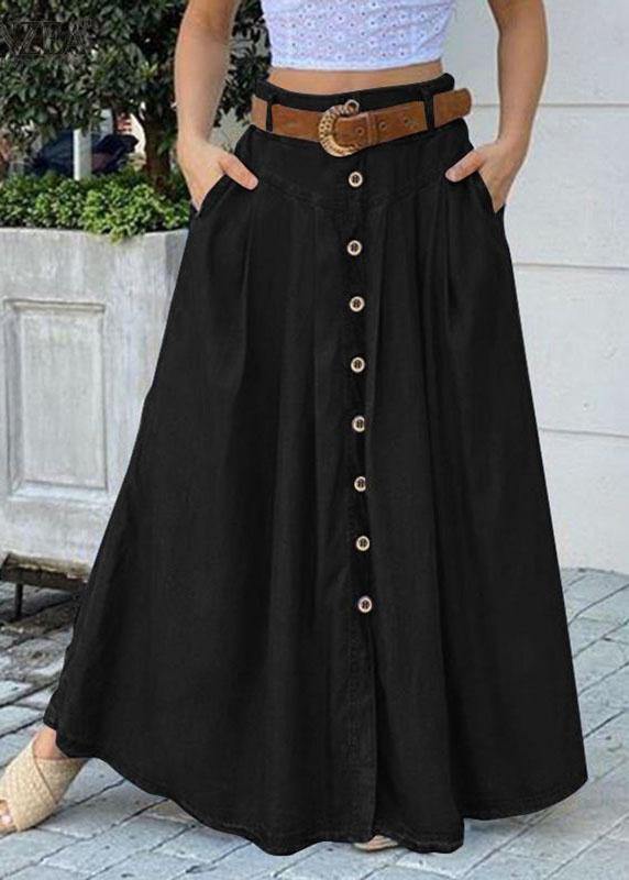 Women Solid Color Bottom Front Loose Casual Long Skirt With Pocket - Skirts - DINIBLO 