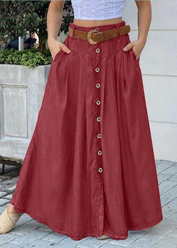 Women Solid Color Bottom Front Loose Casual Long Skirt With Pocket - Skirts - DINIBLO 