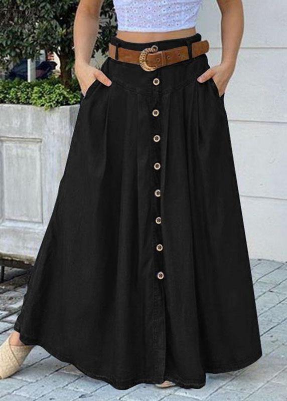 Women Solid Color Bottom Front Loose Casual Long Skirt With Pocket - Skirts - DINIBLO 